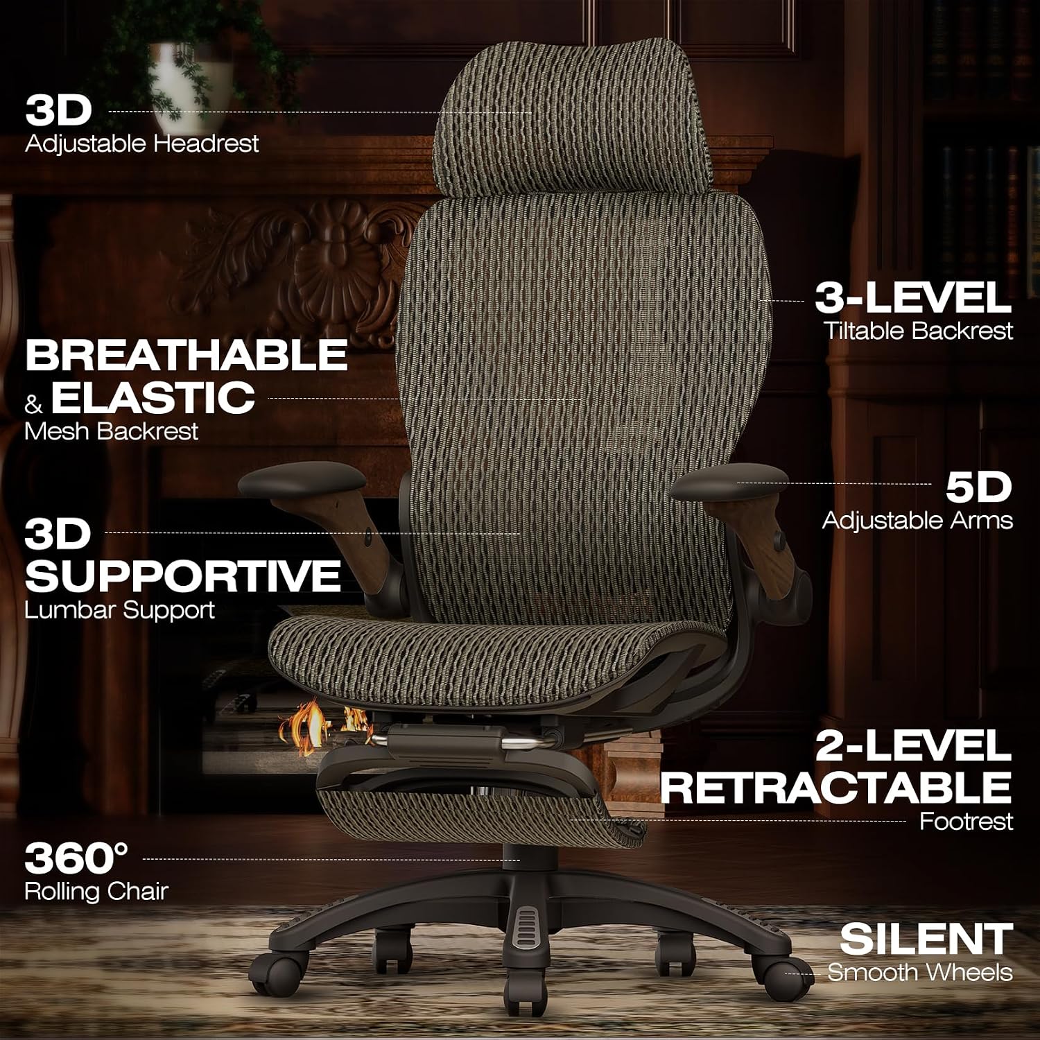 ELABEST X100 Ergonomic Mesh Office Chair with Footrest, Big and Tall Home Desk Chair with 5D Flip-Up Arms, Adjustable 3D Lumbar Support, Gaming & Executive Computer Chair (Coffee Break)