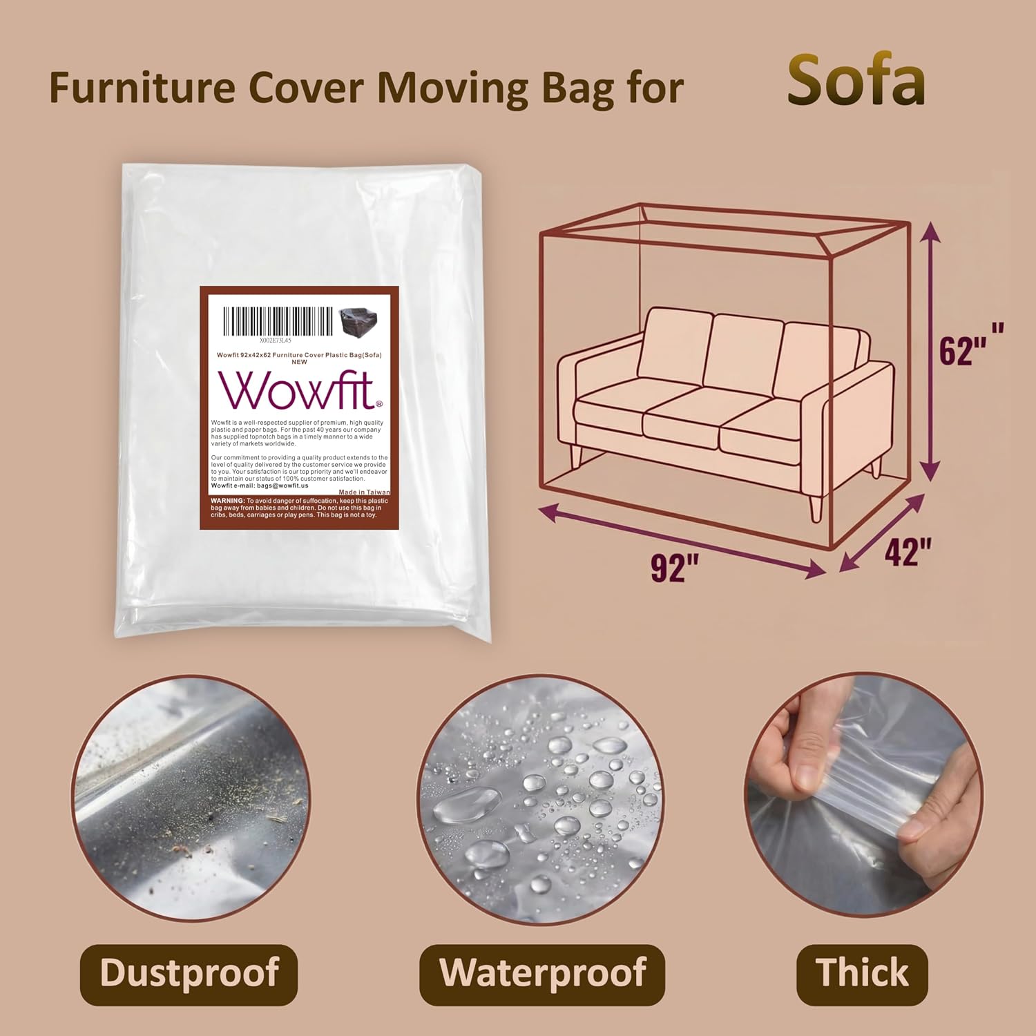 Wowfit 4mil Couch Cover for Moving, Clear Sofa Storage Bag, 92Wx42Dx62/41H