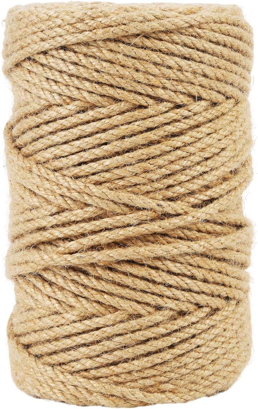 Natural Jute Twine, 5MM x 328FT Jute Rope Roll, Heavy Duty Thick Twine for Cat Scratching Post, Bundling, Gardening and DIY Crafts
