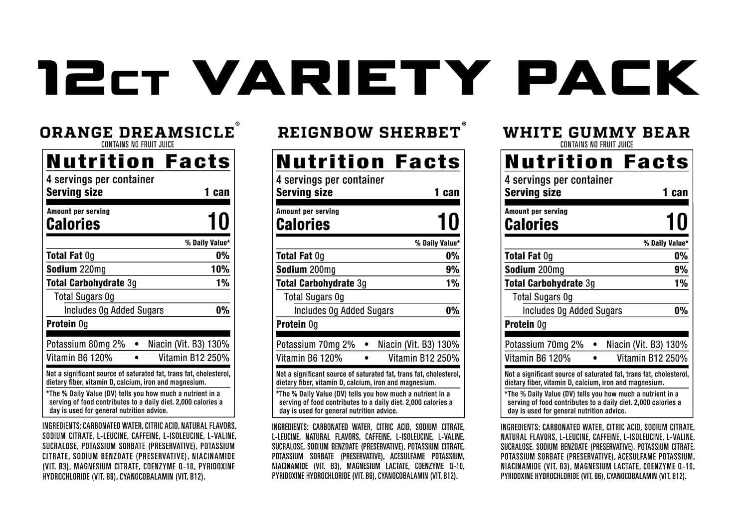 REIGN Total Body Fuel Variety Pack, Orange Dreamsicle, Reignbow Sherbet, White Gummy Bear, Fitness & Performance Drink, 16 Fl Oz (Pack of 12)