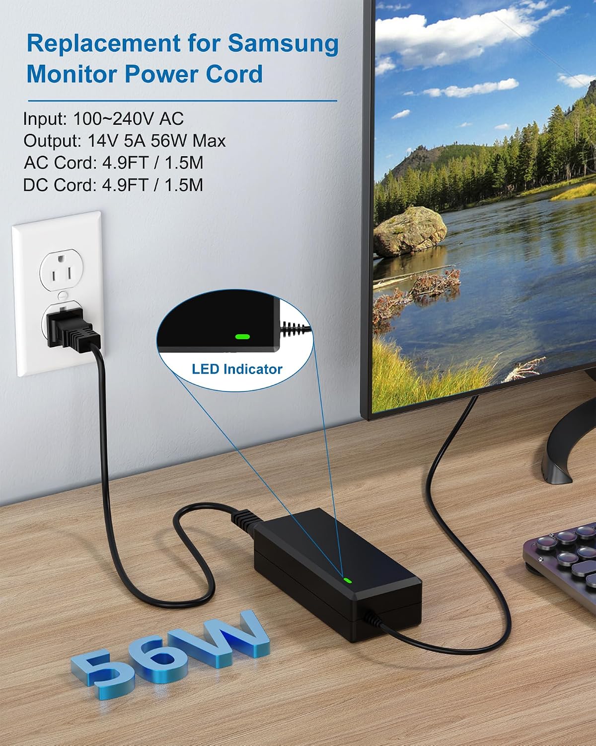 for Samsung Monitor Power Cord DC 14V 4A for Samsung SyncMaster 32” 27" 24" 22" 23" 20" 19" 18" 17" 15” Screen LED LCD TFT Monitor TV Power Supply Cord
