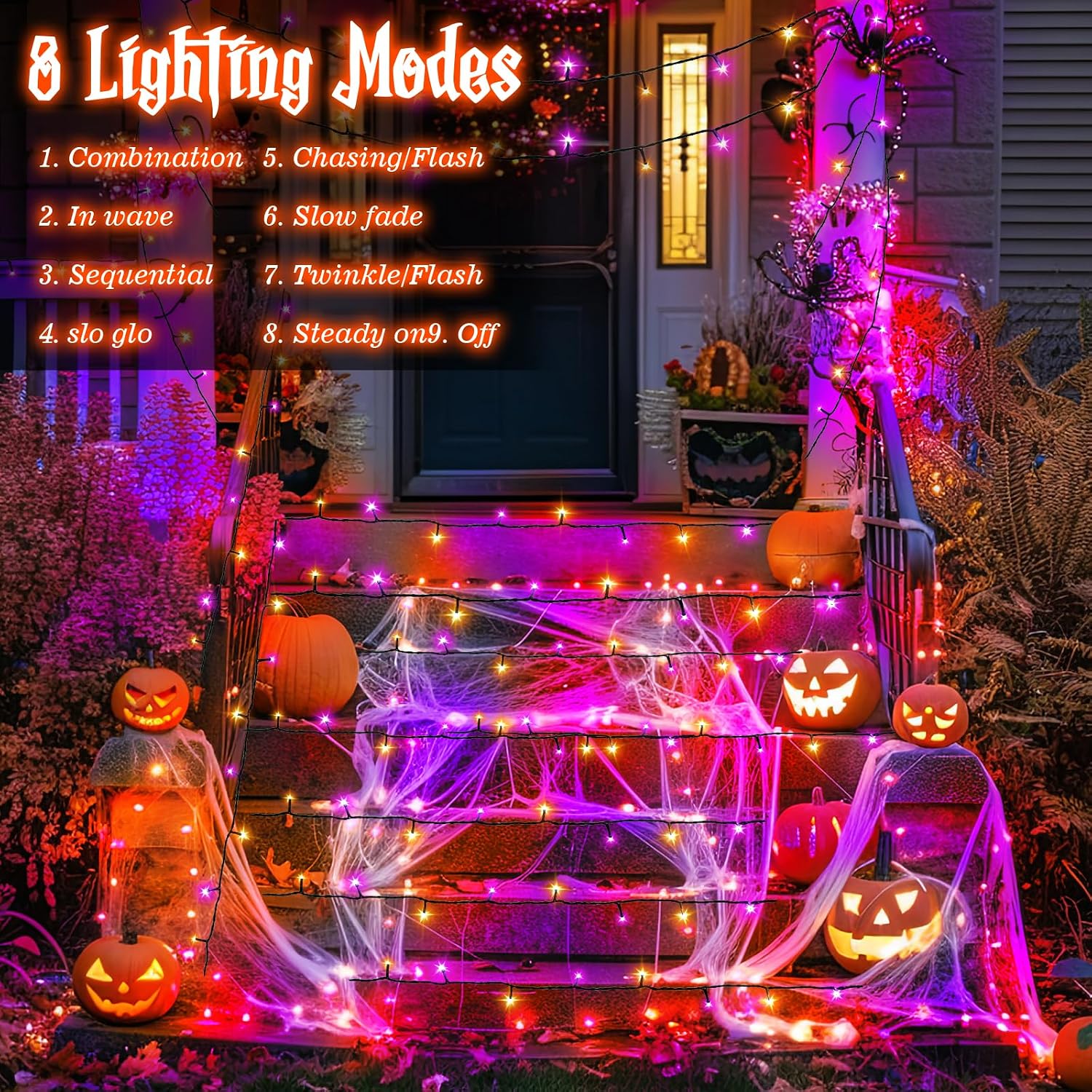 Halloween Lights String Total 100LED Battery Operated Outdoor 8 Modes with Timer 16.4Ft*2, 50LED*2 Waterproof Fairy Lights Indoor for Halloween Decor, Orange&Purple, 2-Pack