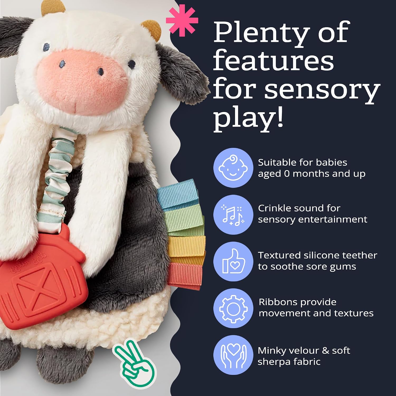 Itzy Ritzy Lovey Including Teether, Teething Relief, 0 Months & Up (Cow)