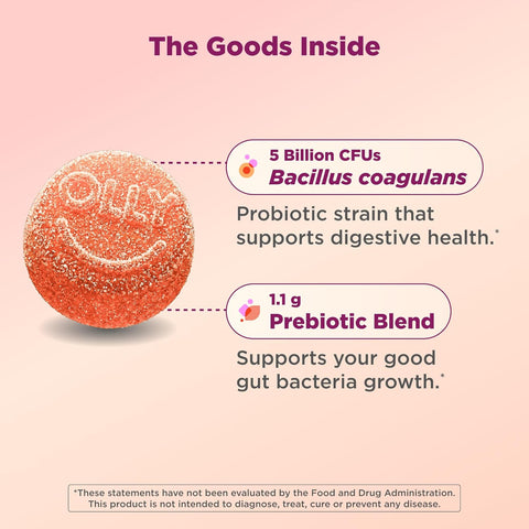 OLLY Probiotic + Prebiotic Gummy, 500 million CFUs, Peachy Peach - 30 Count