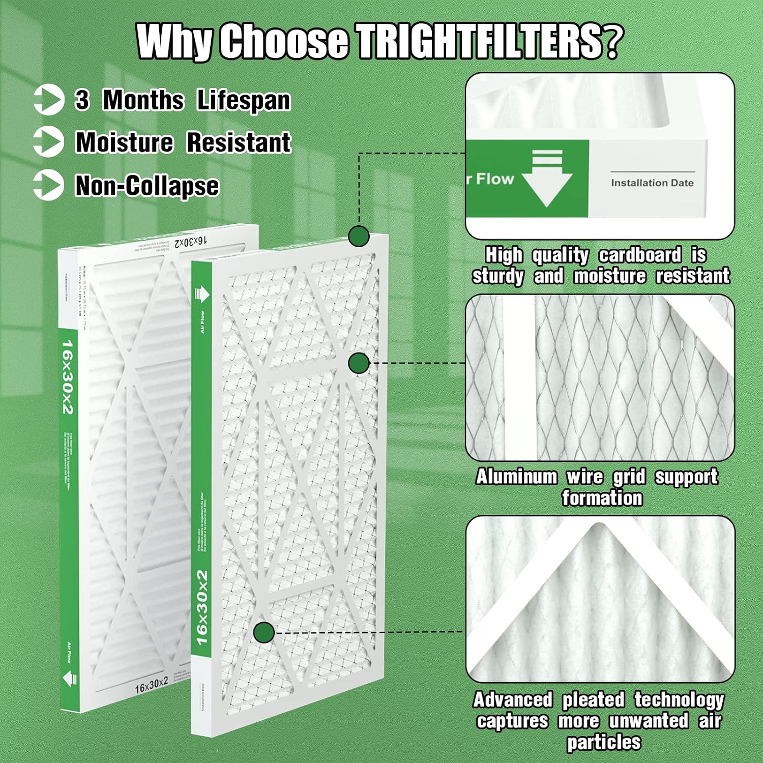 16x30x2 Air Filter TRIGHTFILTERS, Durable MERV 8 Pleated Home HVAC AC Furnace Heater Filters Replacement, Lightweight Compact Air Conditioner Filters 4 Pack