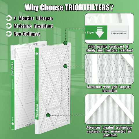 16x30x2 Air Filter TRIGHTFILTERS, Durable MERV 8 Pleated Home HVAC AC Furnace Heater Filters Replacement, Lightweight Compact Air Conditioner Filters 4 Pack