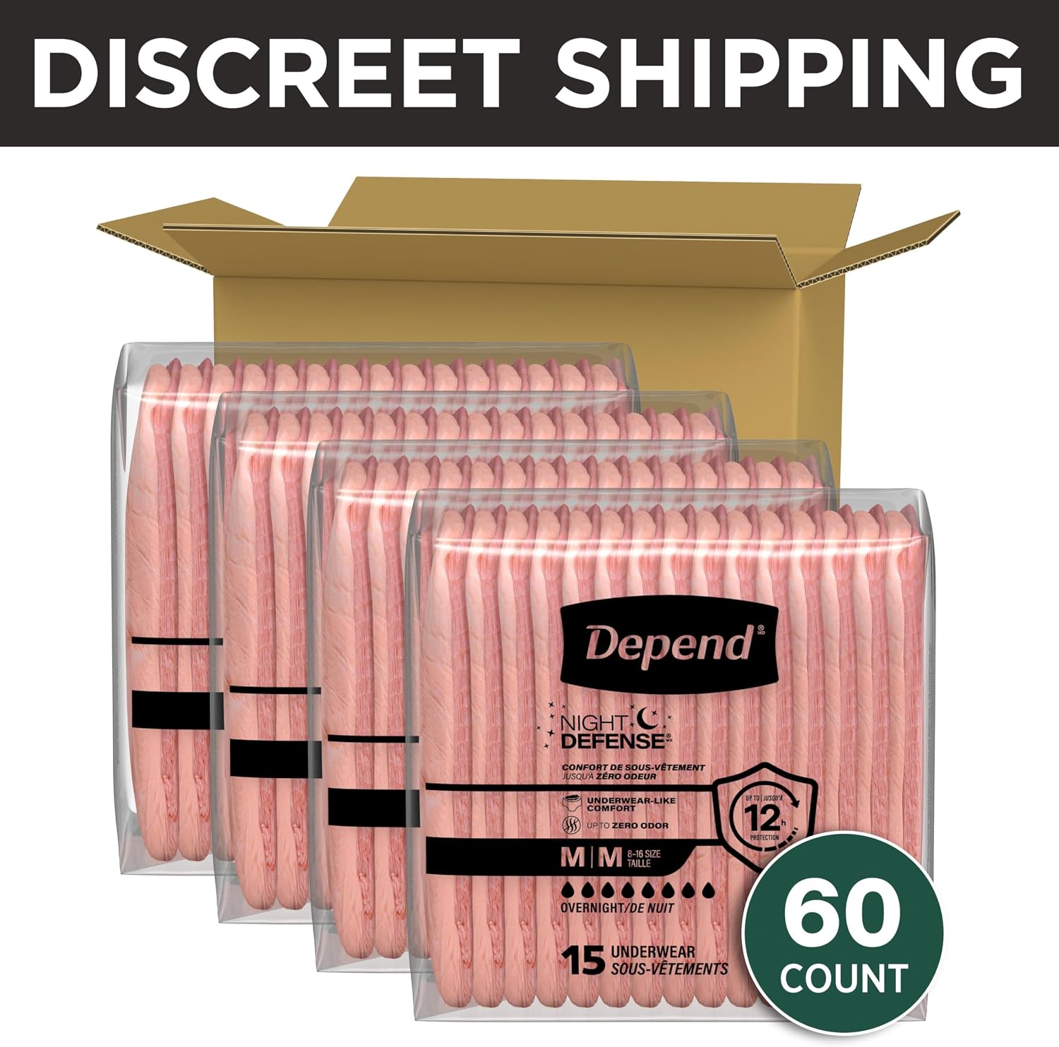 Depend Night Defense Adult Diapers for Women, Medium, 60 Count