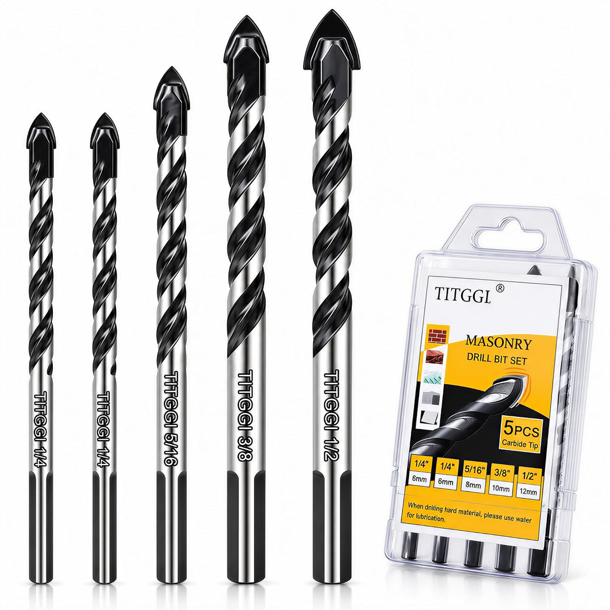 5-Piece Masonry Drill Bit Set & Concrete Drill Bit Set, 5 Sizes, 1/4"-1/2"