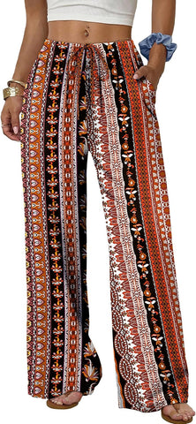 Sampeel Wide Leg Pants for Women Flowy Palazzo Drawstring Elastic Waist Trousers with Pockets Summer Beach Vacation Clothes