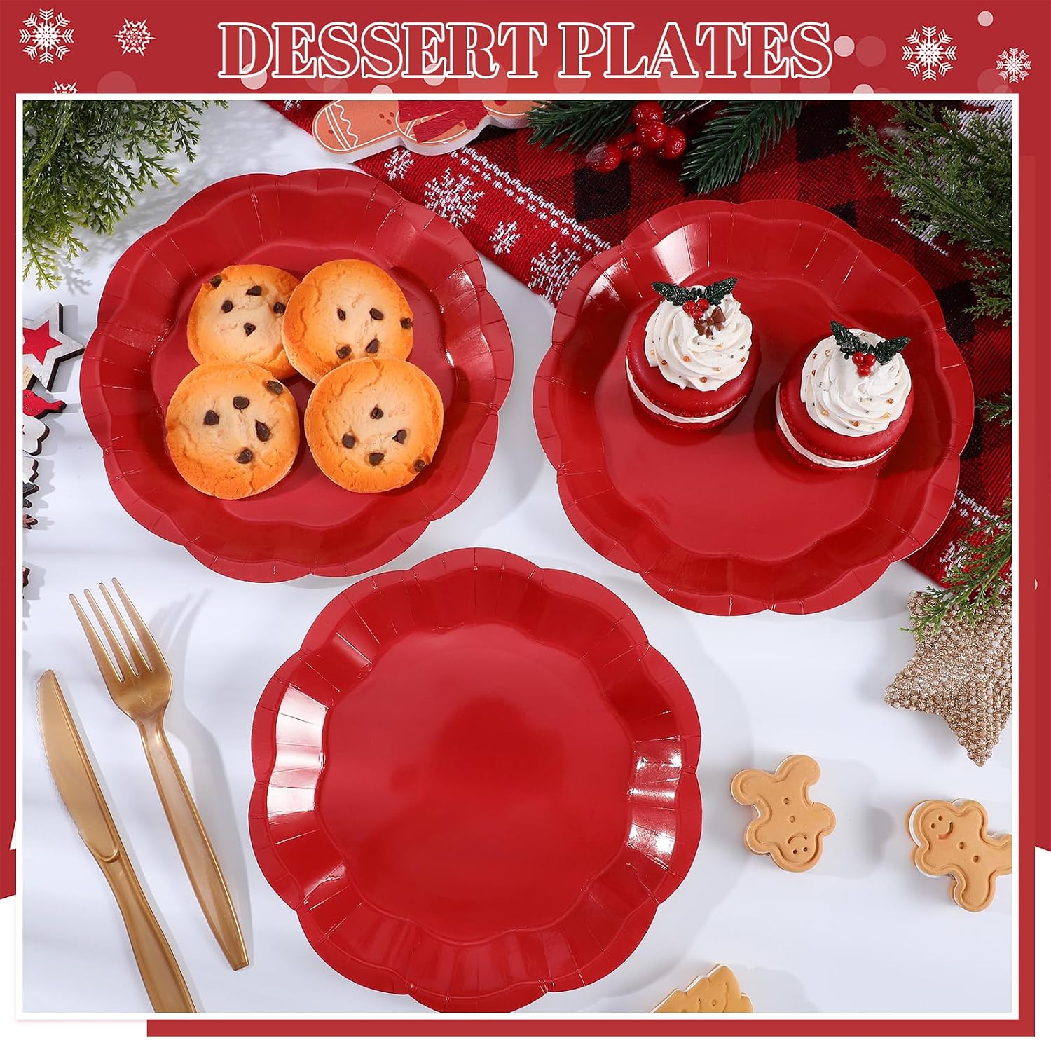 NatNarr 30 Pcs Red Paper Plates 7 Inch Scalloped Christmas Dessert Plates