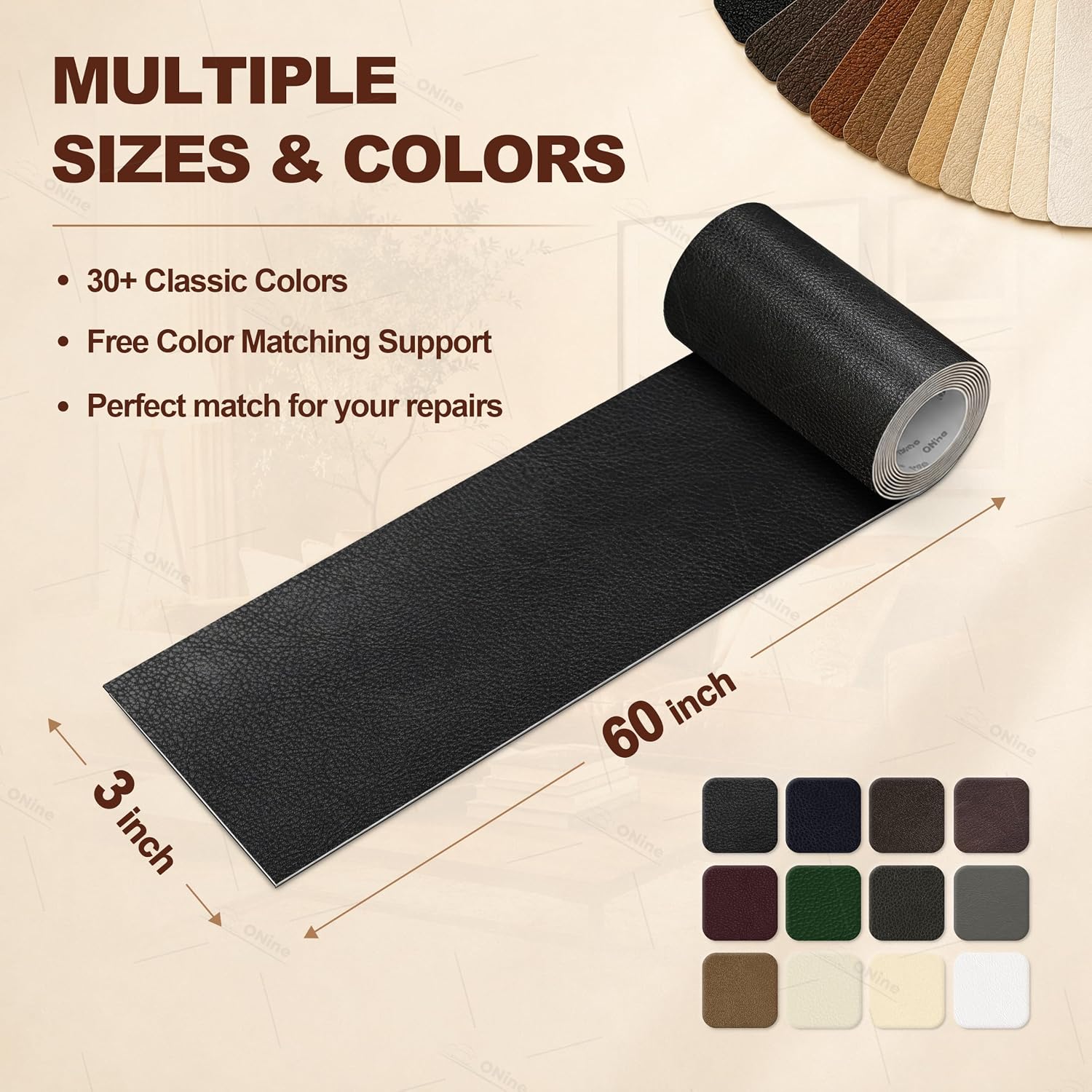 ONine Leather Repair Tape,Self Adhesive Leather Repair Patch,Leather Patches for Furniture,Sofa,Car Seats,Office Chair. Vinyl Repair Kit 3x60in (Black)