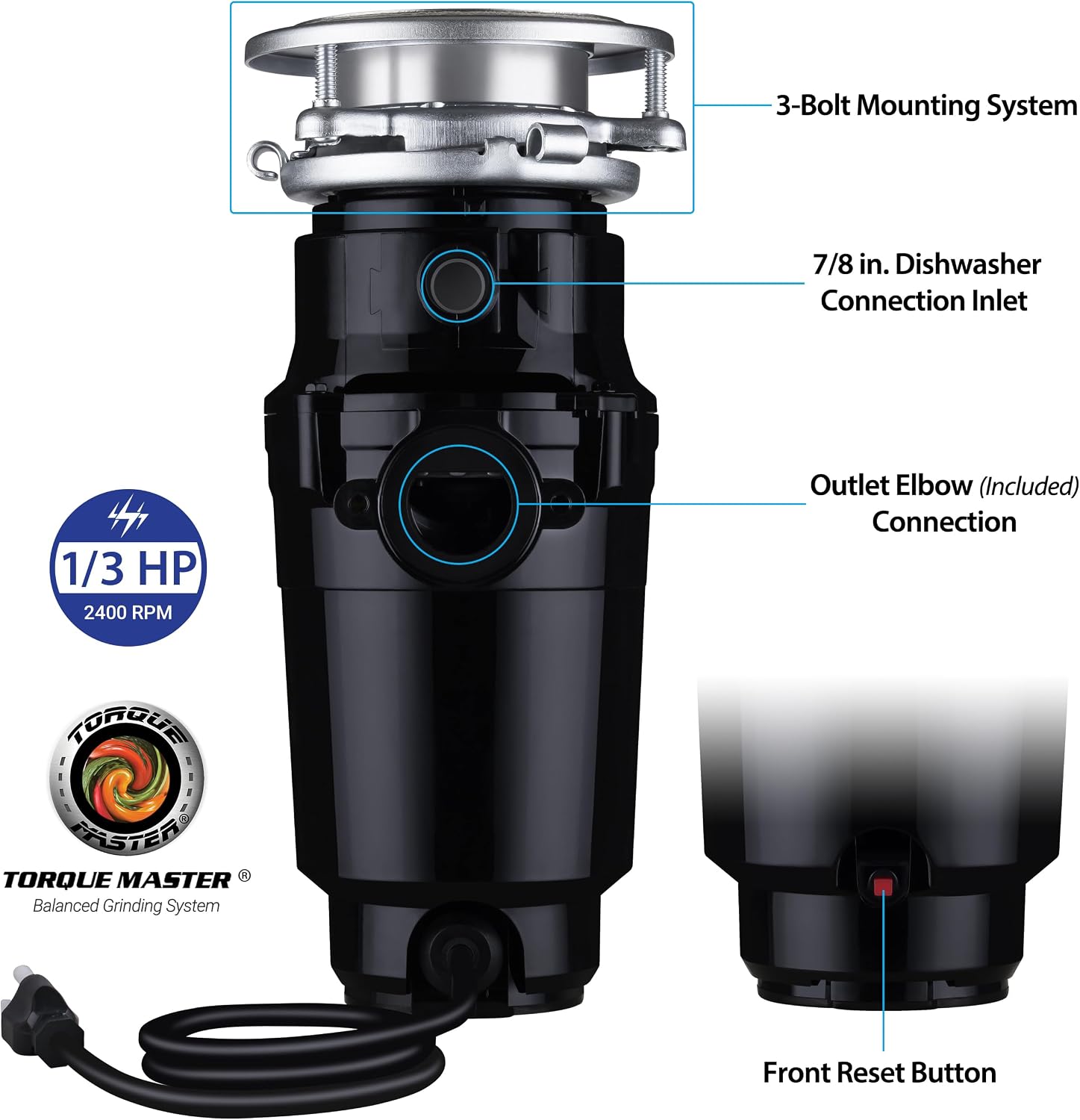 Waste Maid Garbage Disposal, Anti-Jam, Continuous Feed, 1/3 HP Builders