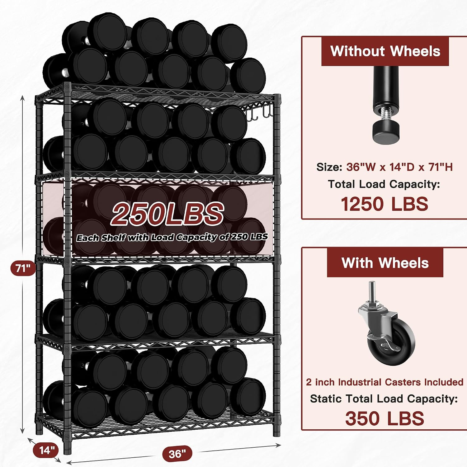 PrimeZone 74" H Wire Shelving 1250lbs 5 Tier Storage Shelves with Wheels