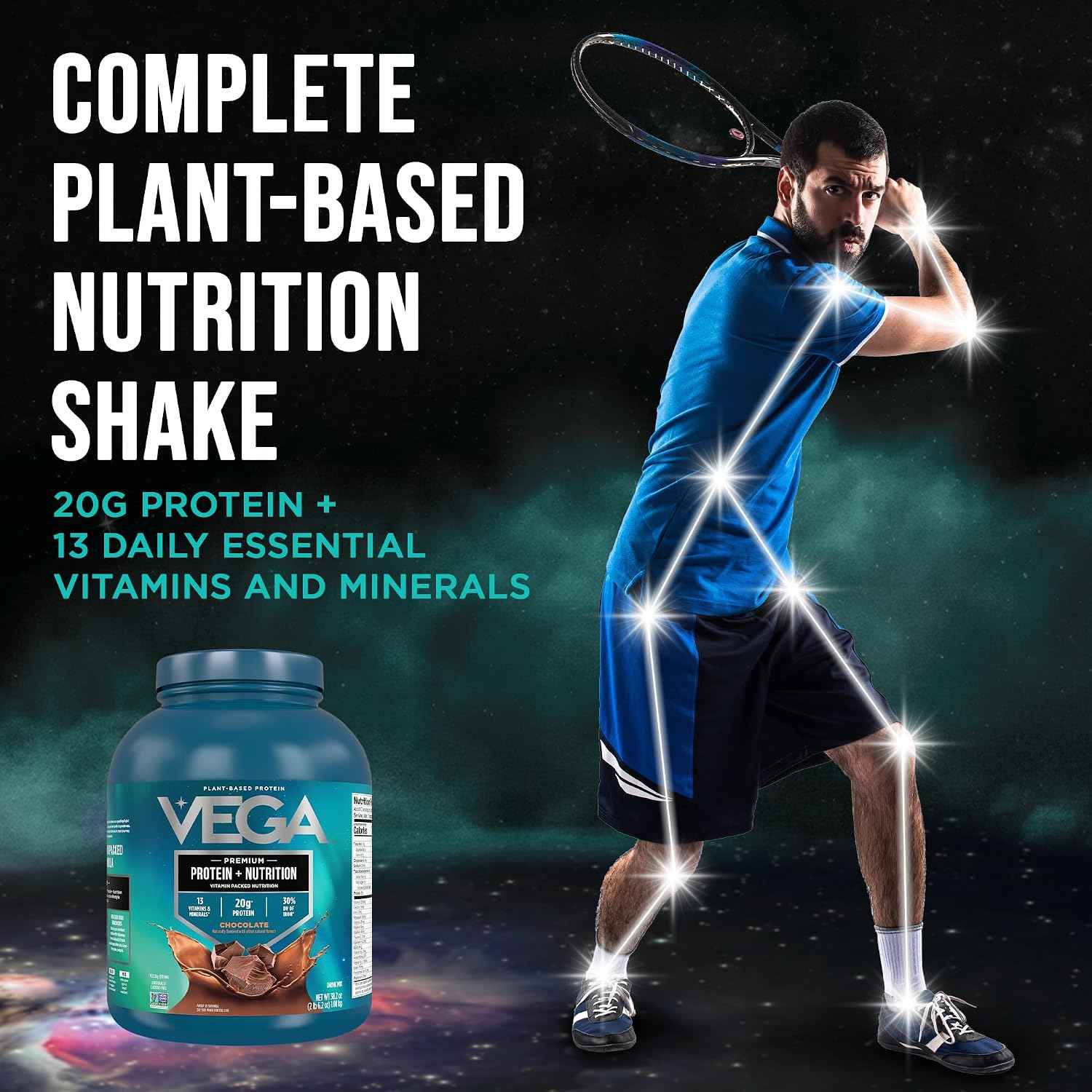 Vega Protein + Nutrition – 20g Plant Based Vegan Protein Powder, Chocolate for a Dairy-Free Protein Shake – XL Tub, 2.4lbs (30 Servings)