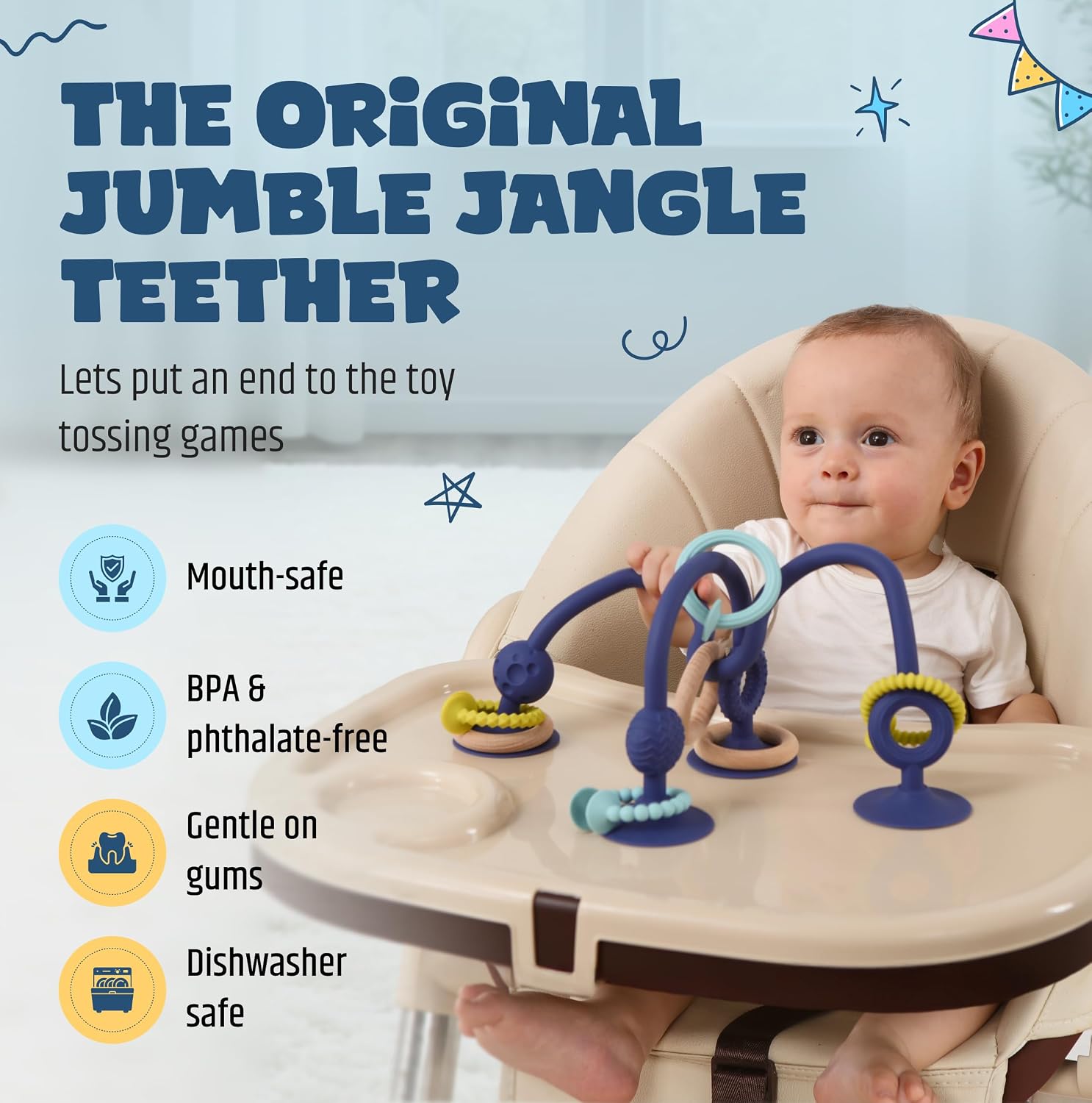 Jumble Jangle Baby Teether – Suction Toy & High Chair Toy, Light Blue