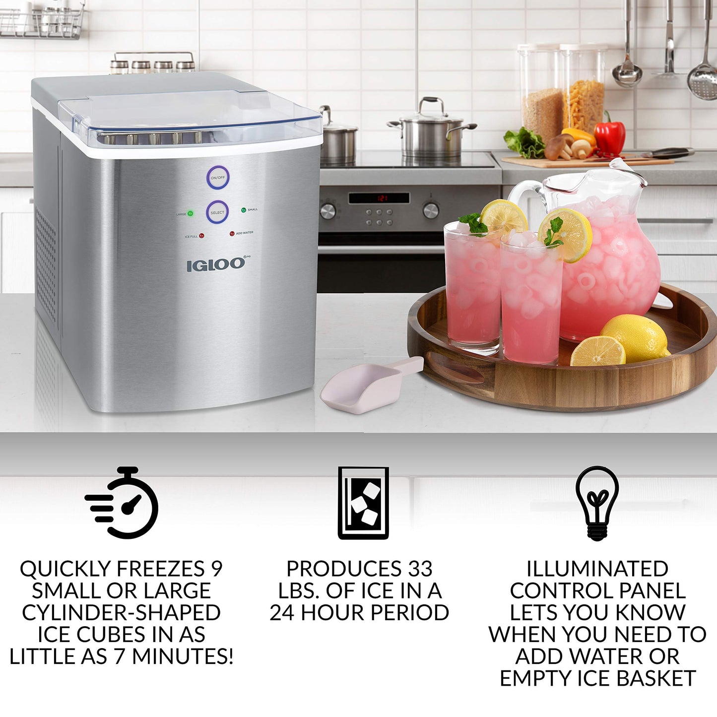 Igloo Electric Countertop Ice Maker Machine - Automatic and Portable - 33 Pounds in 24 Hours - Ice Cube Maker - Ice Scoop and Basket - Ideal for Iced Coffee and Cocktails - Stainless Steel