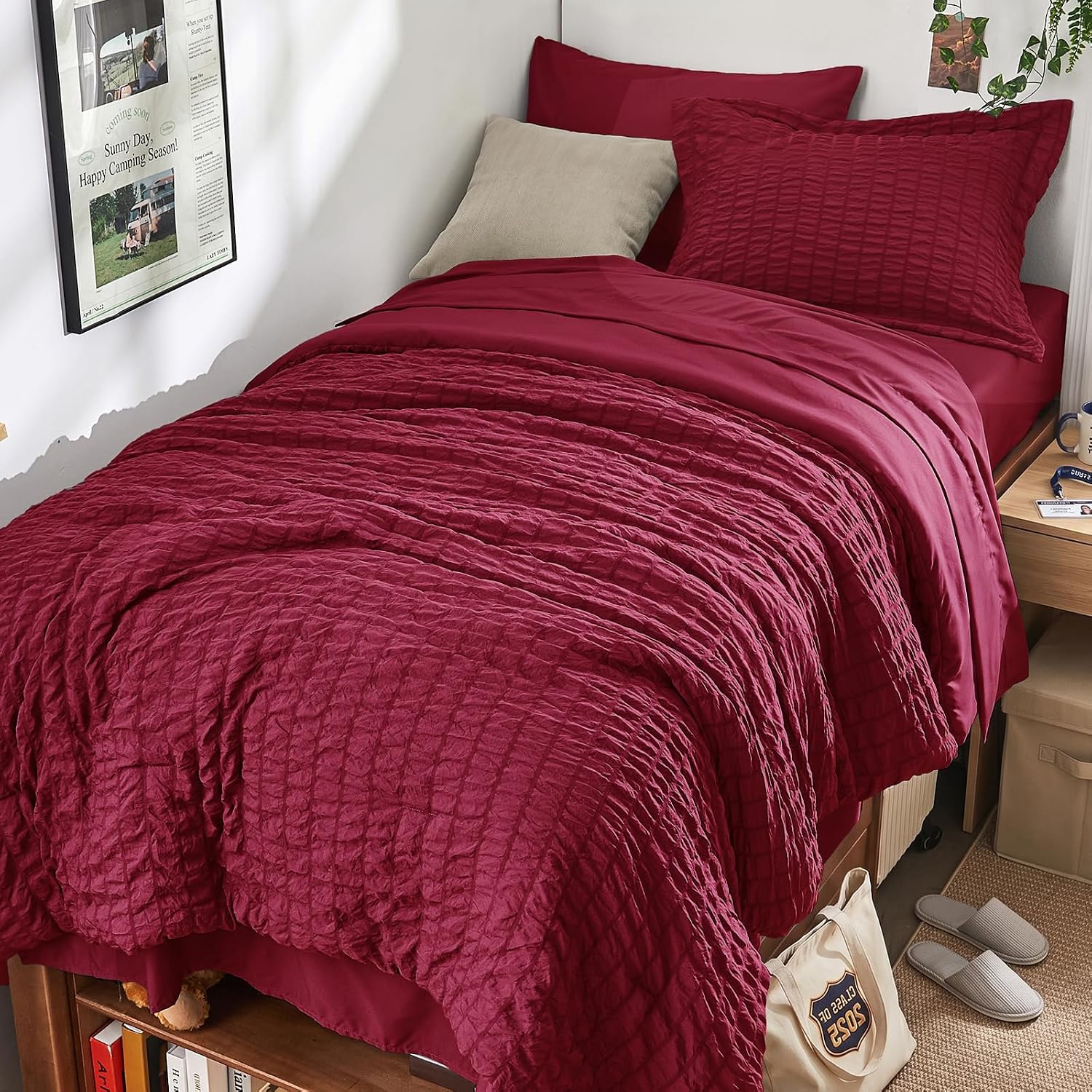 HYMOKEGE Burgundy Twin XL Comforter Set Seersucker 5 Pieces, All Season Luxury Bed in a Bag for Bedroom, Bedding Set with Comforter, Sheets, Pillowcase & Sham