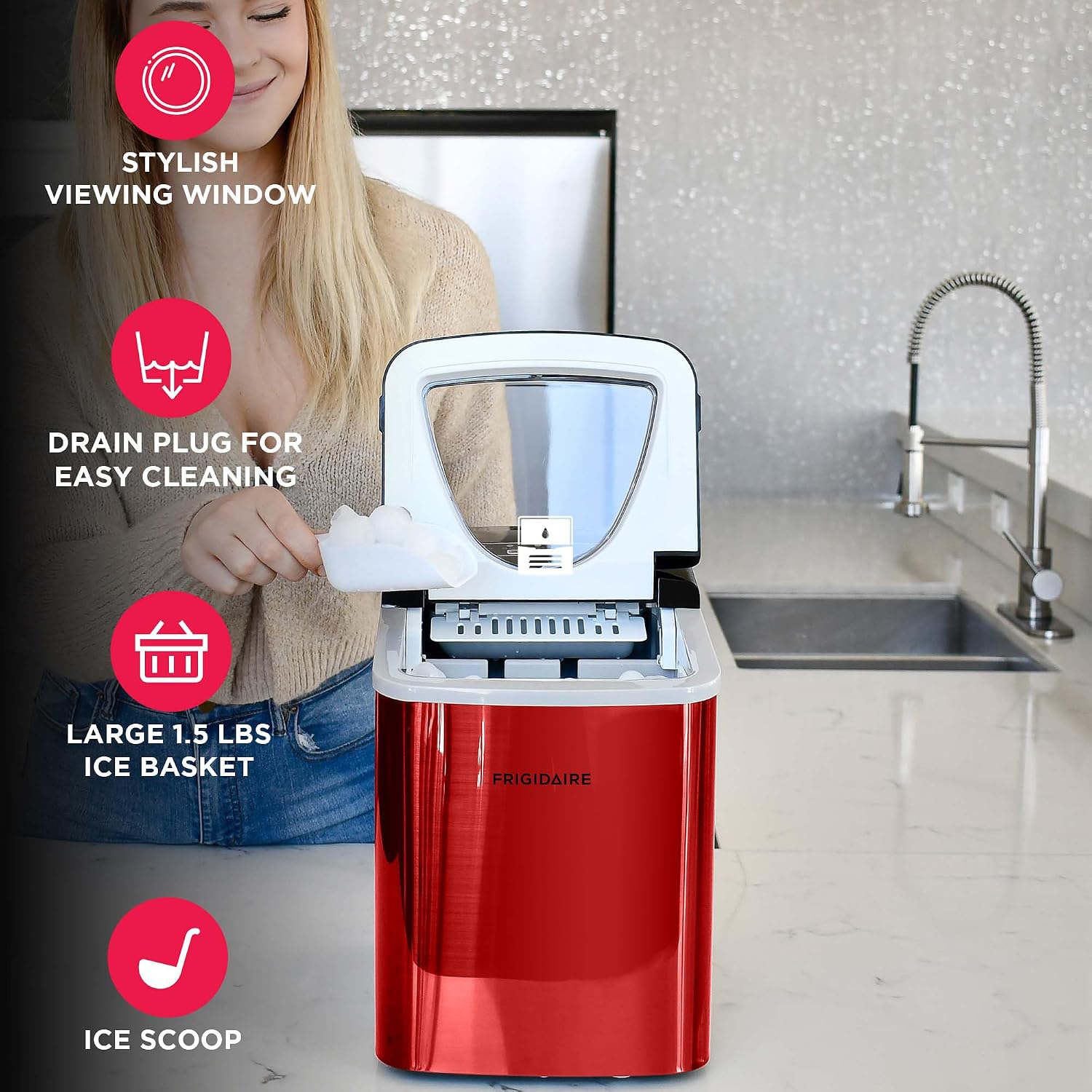 Frigidaire Compact Countertop Ice Maker, 26lbs of Ice per Day, Red Stainless