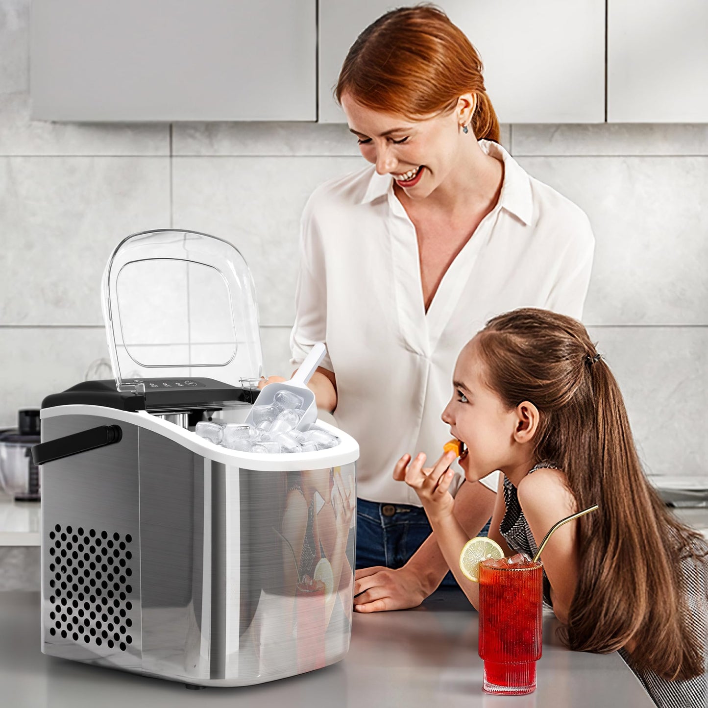 Portable Ice Maker Machine with Handle, 27lbs/24Hrs, 6Mins/9 Ice Cubes, Self-Cleaning with Basket/Scoop, Countertop Ice Makers for Home/Kitchen/Office(Stainless steesl)