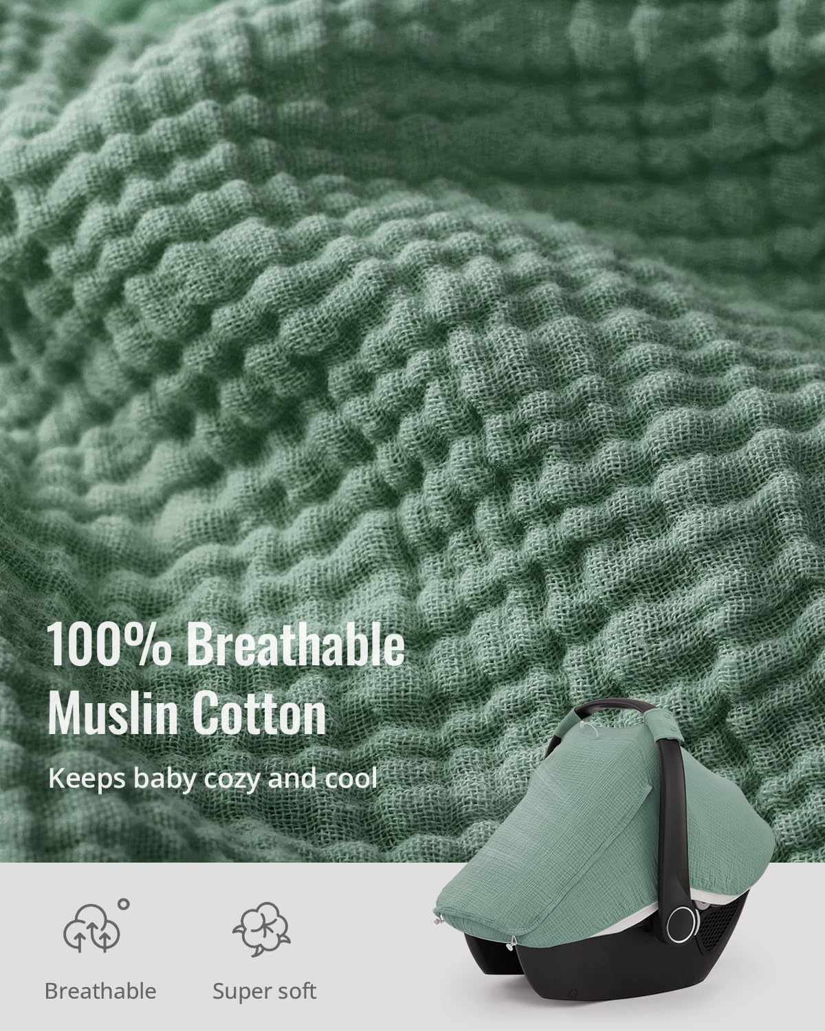 Blissful Diary Muslin Baby Car Seat Cover, Infant Canopy, Roman Green