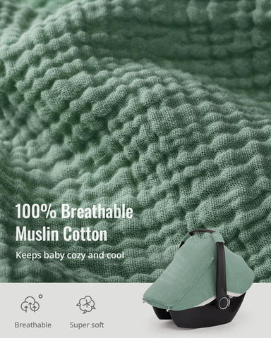 Blissful Diary Muslin Baby Car Seat Cover, Infant Canopy, Roman Green