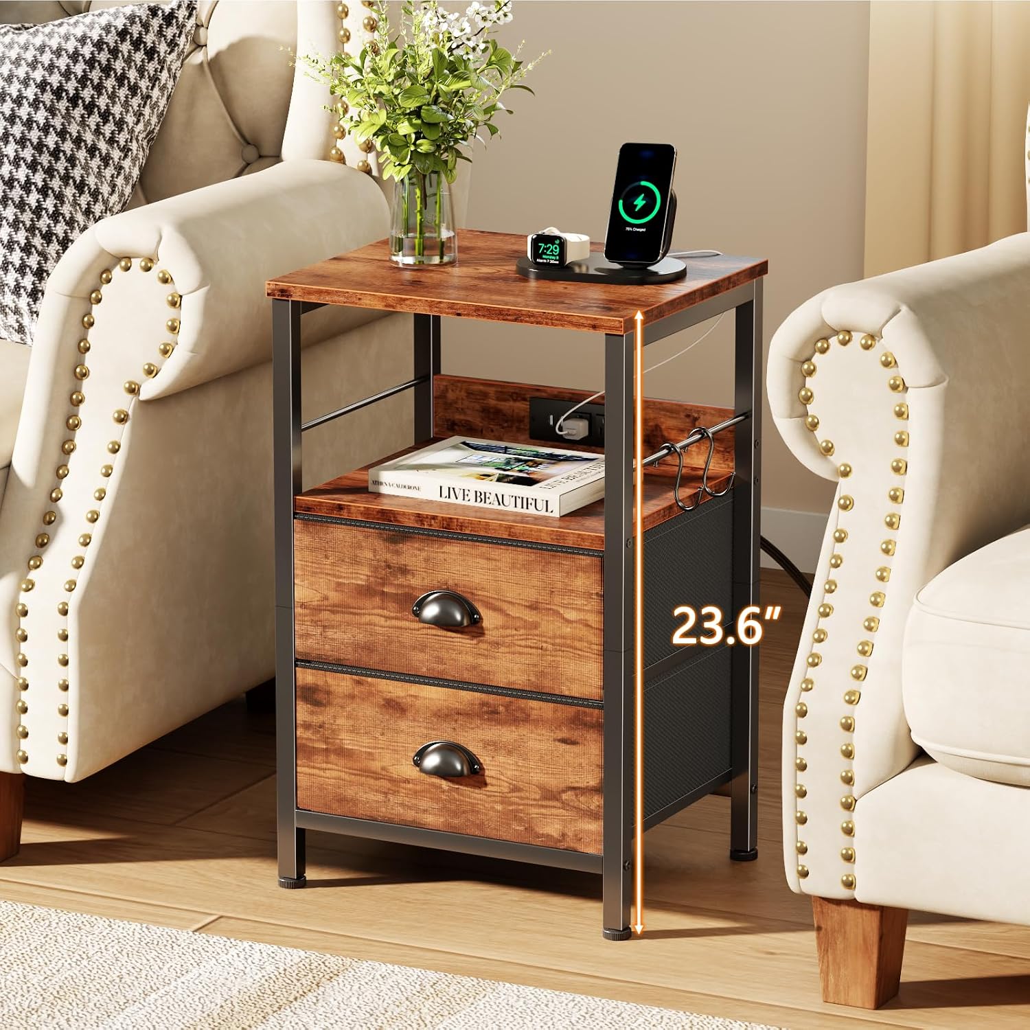 Furologee Nightstands Set of 2 with Charging Station, 2 Fabric Drawers