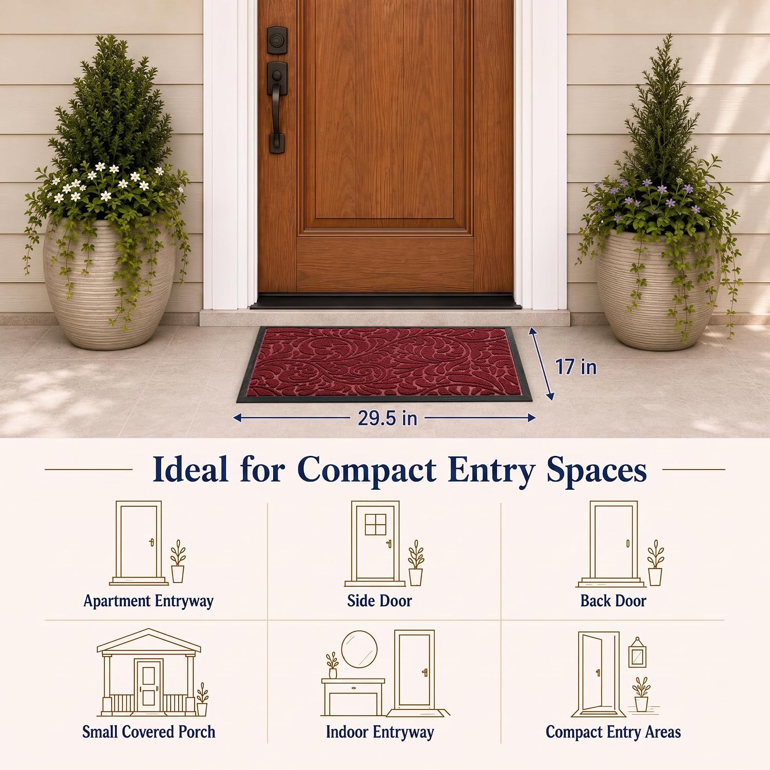 Yimobra Door Mat Outside Entrance 29.5x17, Waterproof Sturdy Outdoor Mats for Front Door, Heavy Duty Non-Slip Doormat for Garage Patio Entryway Indoor, Easy Clean, Red