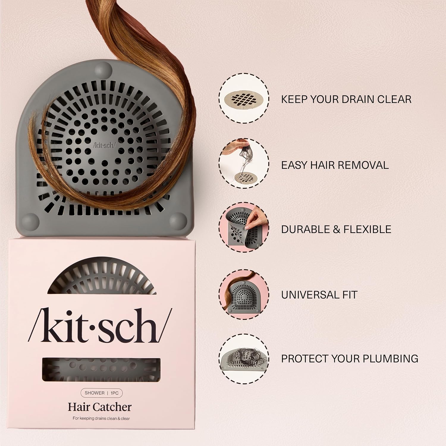 Kitsch Shower Drain Hair Catcher - Sink Drain Strainer - Grey