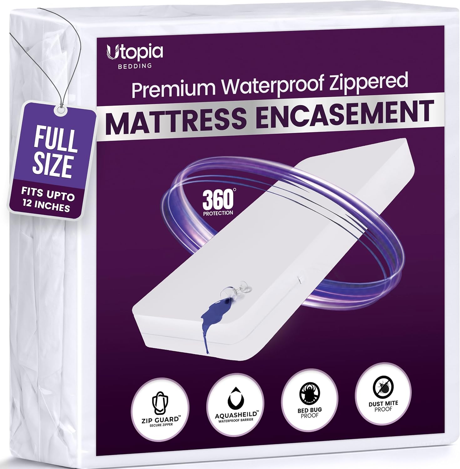 Waterproof Zippered Mattress Protector Full Size, 12" Deep Pocket