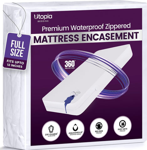 Waterproof Zippered Mattress Protector Full Size, 12" Deep Pocket