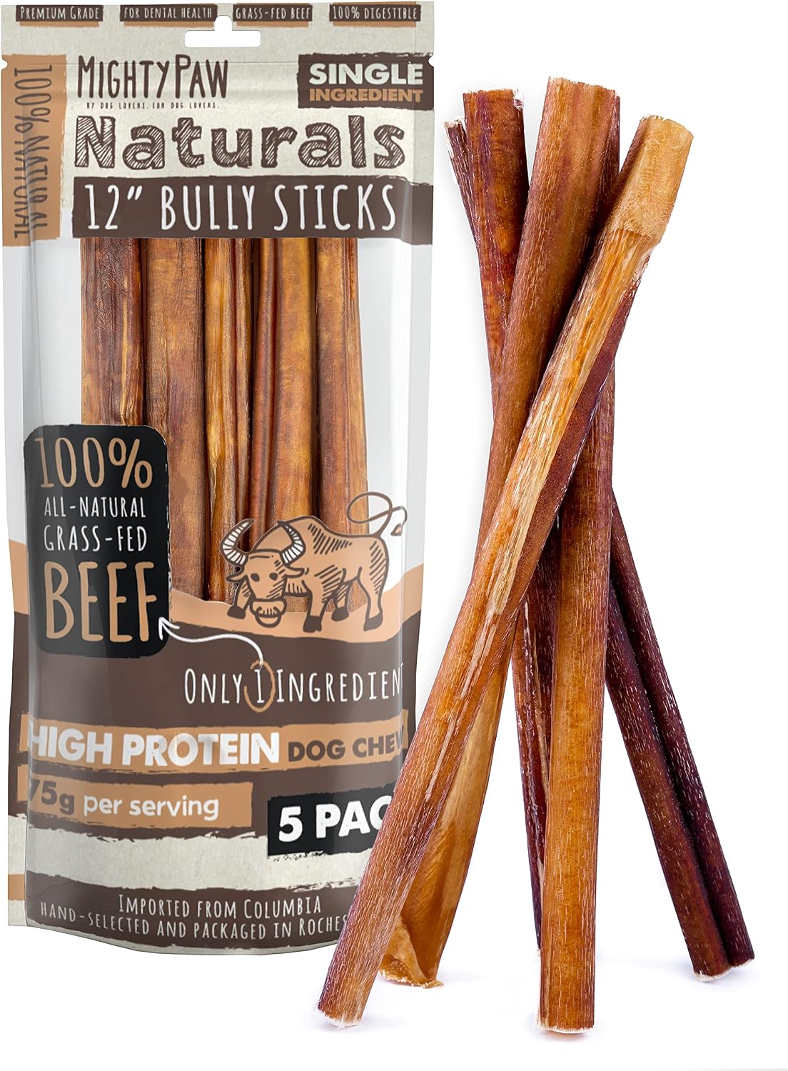 Mighty Paw 12" Bully Sticks for Dogs - Large, Medium and Small Breeds Chew