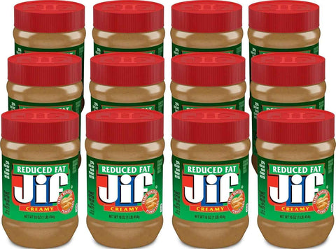 Jif Reduced Fat Creamy Peanut Butter, 16 oz Jar | 12-count bulk case, smooth peanut butter spread, 7g of protein per serving, ideal for sandwiches, snacking and baking