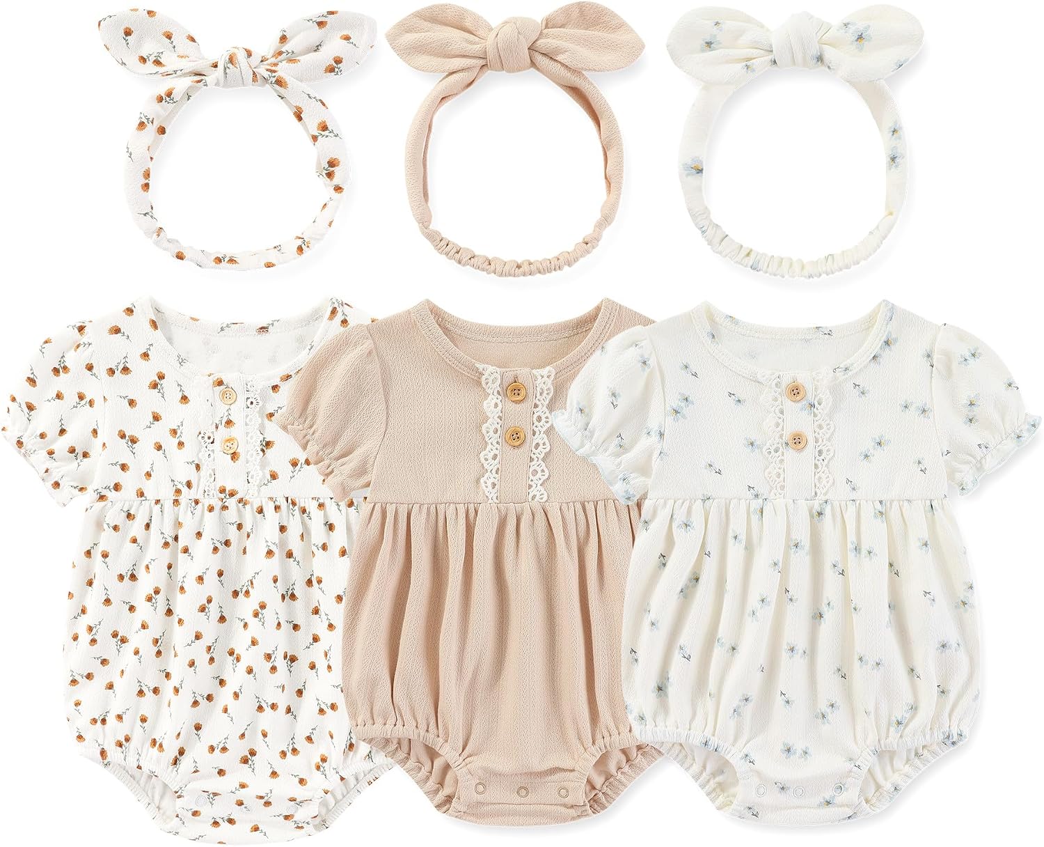 MAMIMAKA Newborn Baby Girl Clothes Cotton Bubble Romper Floral Short Sleeve Bodysuit 3 Pack