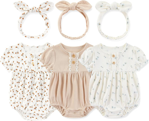 MAMIMAKA Newborn Baby Girl Clothes Cotton Bubble Romper Floral Short Sleeve Bodysuit 3 Pack