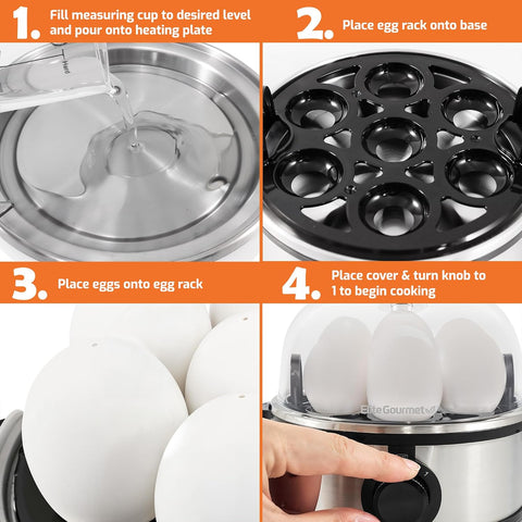 Elite Gourmet EGC724SS Egg Boiler Cooker, 7-Egg Poacher/Omelet Maker, Steel