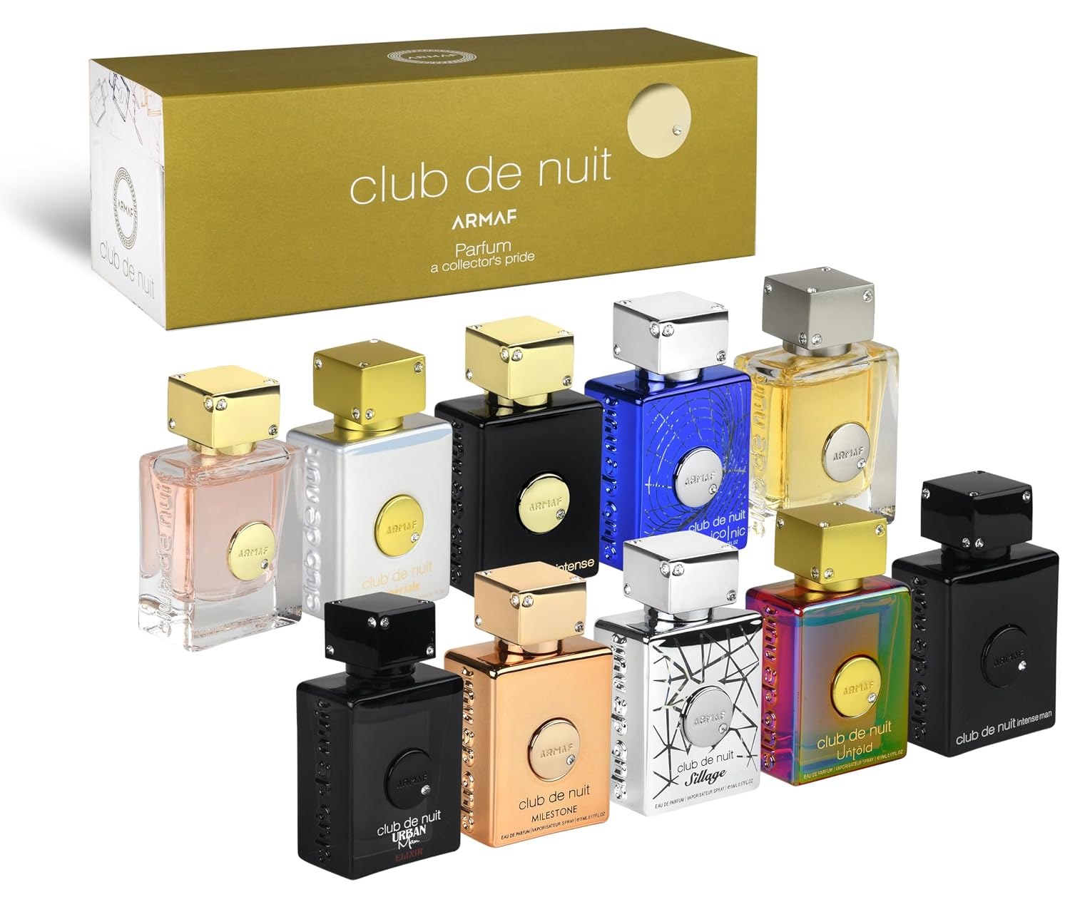 Armaf Club De Nuit Parfum MINI 10 Piece 0.17 oz Each - Club De Nuit Intense Man, Sillage, Urban Man Elixir, Iconic, Club De Nuit Women, Milestone, Untold, Imperiale, For Men & Women