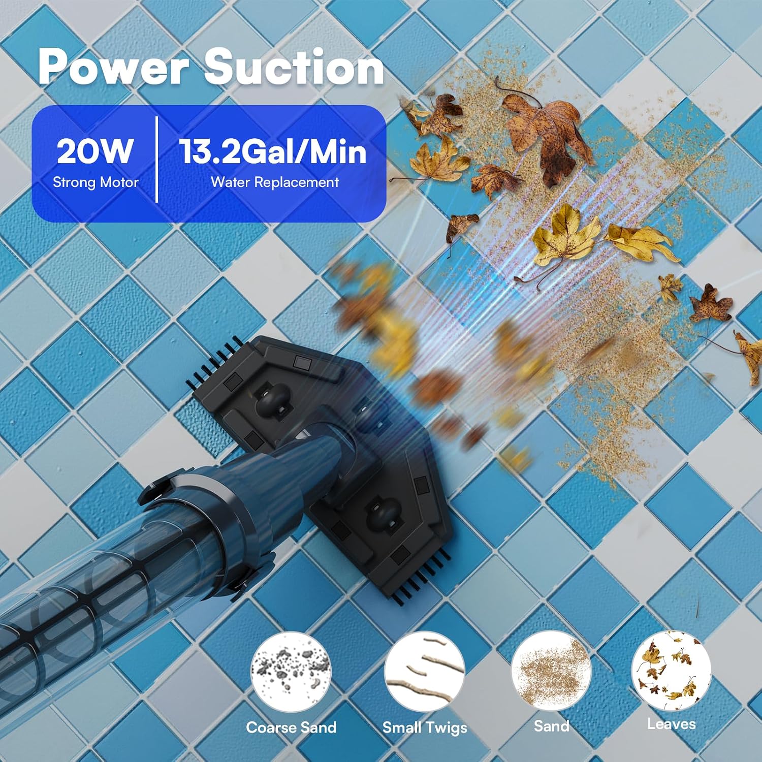 PoolMr Handheld Pool Vacuum for Above Ground Pool & Hot Tub Vacuum, with 2 Brush Heads, 90 Mins Running Time, 13.2 Gallons/Min Powerful Suction, Ideal for Cleaning Debris and Sand Underwater, Black