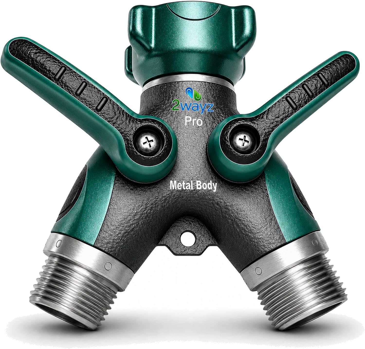 2WAYZ Hose Splitter 2 Way Heavy Duty Outdoor Faucet and Garden Connector - Water Spigot Splitter - Durable All-Metal Y Adapter with Shut-Off Valve - 4 x 4 x 1.5 Inches