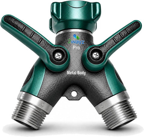 2WAYZ Hose Splitter 2 Way Heavy Duty Outdoor Faucet and Garden Connector - Water Spigot Splitter - Durable All-Metal Y Adapter with Shut-Off Valve - 4 x 4 x 1.5 Inches