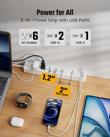 20Ft Long Extension Cord, SUPERDANNY Flat Plug Surge Protector Power Strip