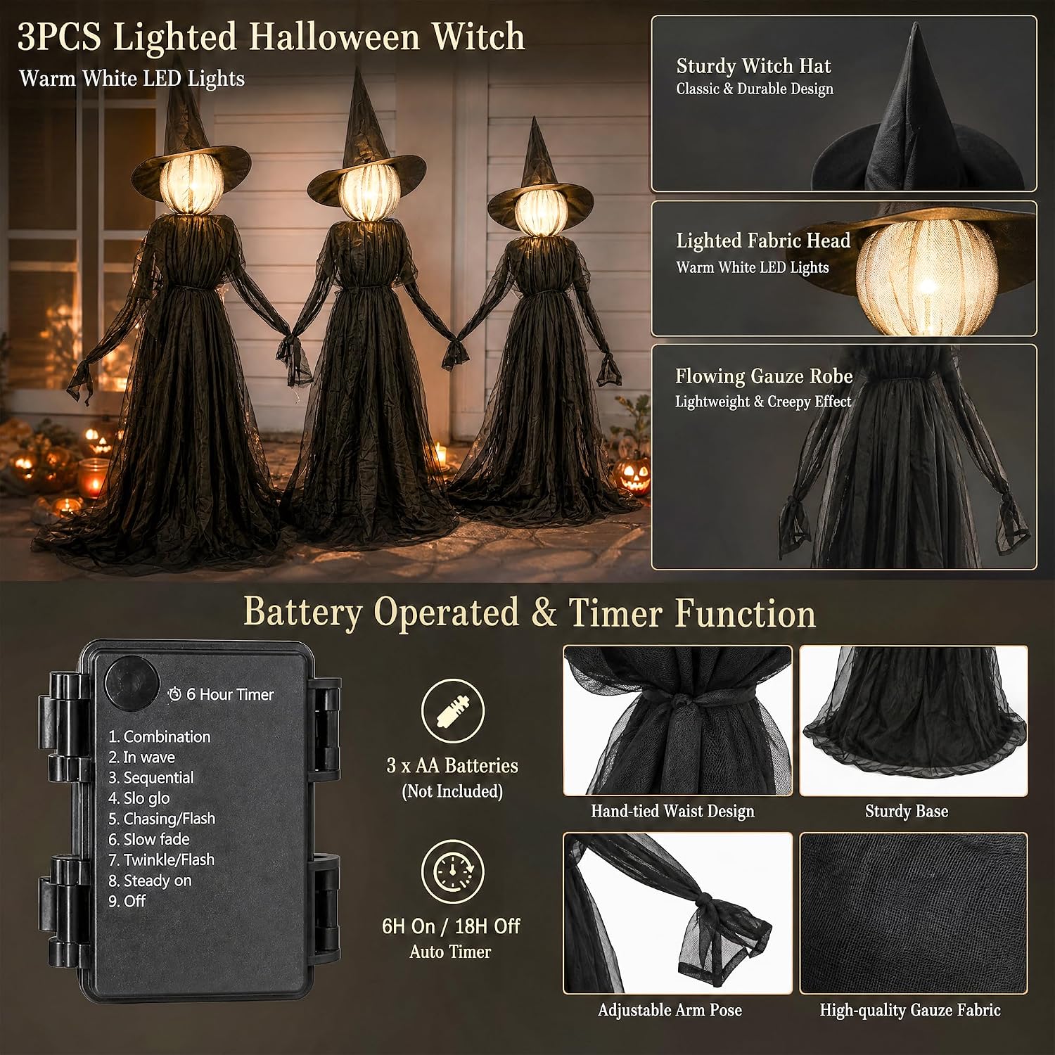 NEROSUN Halloween Witches Decorations Outdoor, 5 FT Set of 3 Light Up Holding Hands Witches with Stakes and Timer Function, Glowing Face Witch Decorations for Yard Garden Lawn Haunted House