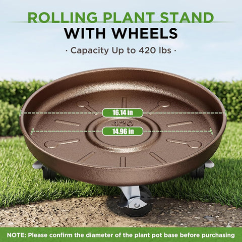 Plant Caddy With Wheels 16" Metal Plant Saucers for Indoors 420 Lb Capacity