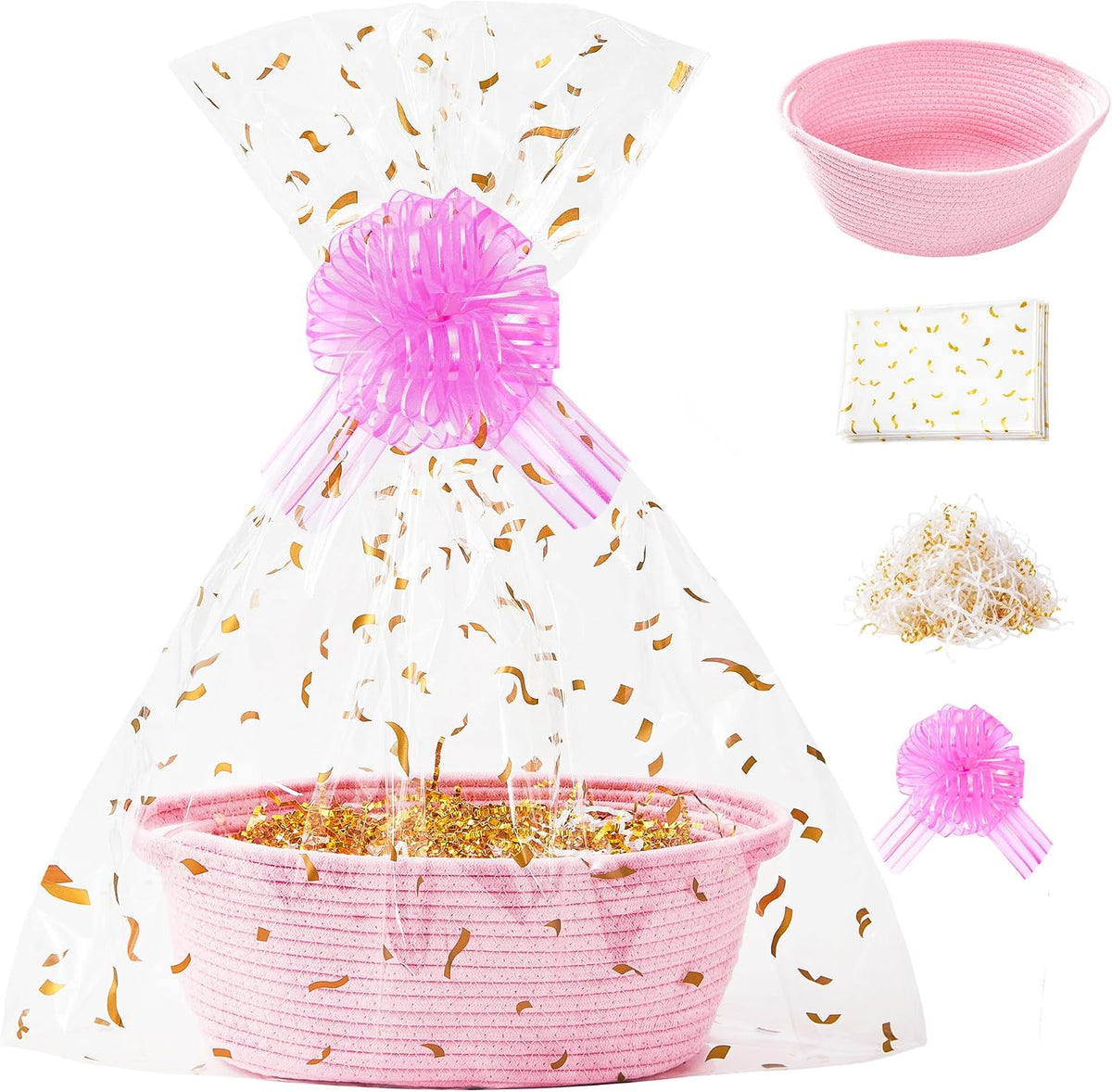 SUNCOLOR Small Woven Pink Gift Basket Set, Cotton Rope Storage Basket 12x8x5 Inch with Cut Paper Shred Filler, Pull Bow and Cellophane Bag for Baby Shower, Birthday, Holidays