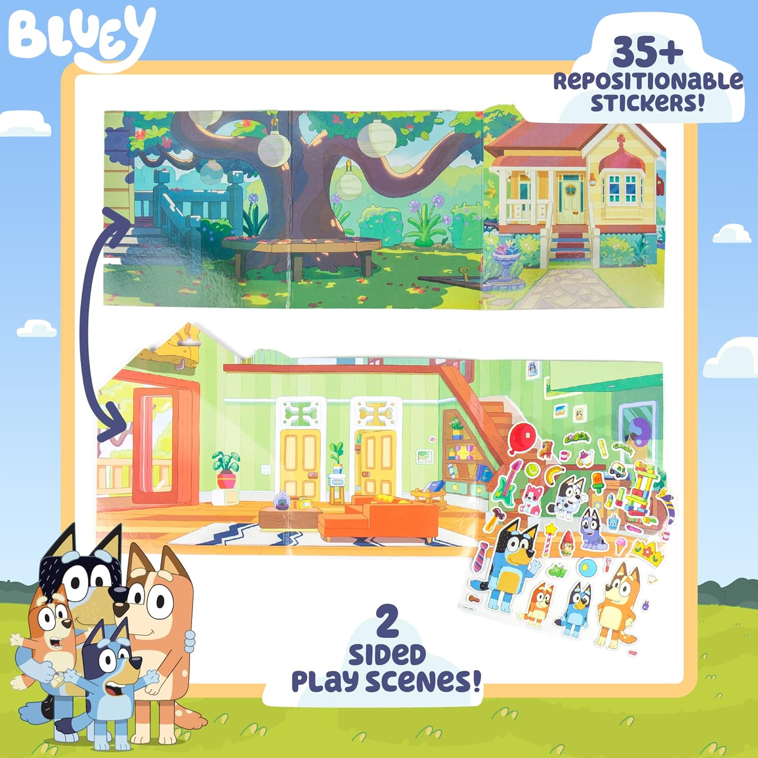 Horizon Group USA Bluey Sticker Playset, 2 Sticker Play Scenes, 35+ Reusable Puffy Bluey Repositionable Stickers for Kids, Perfect for Travel, Screen-Free Fun