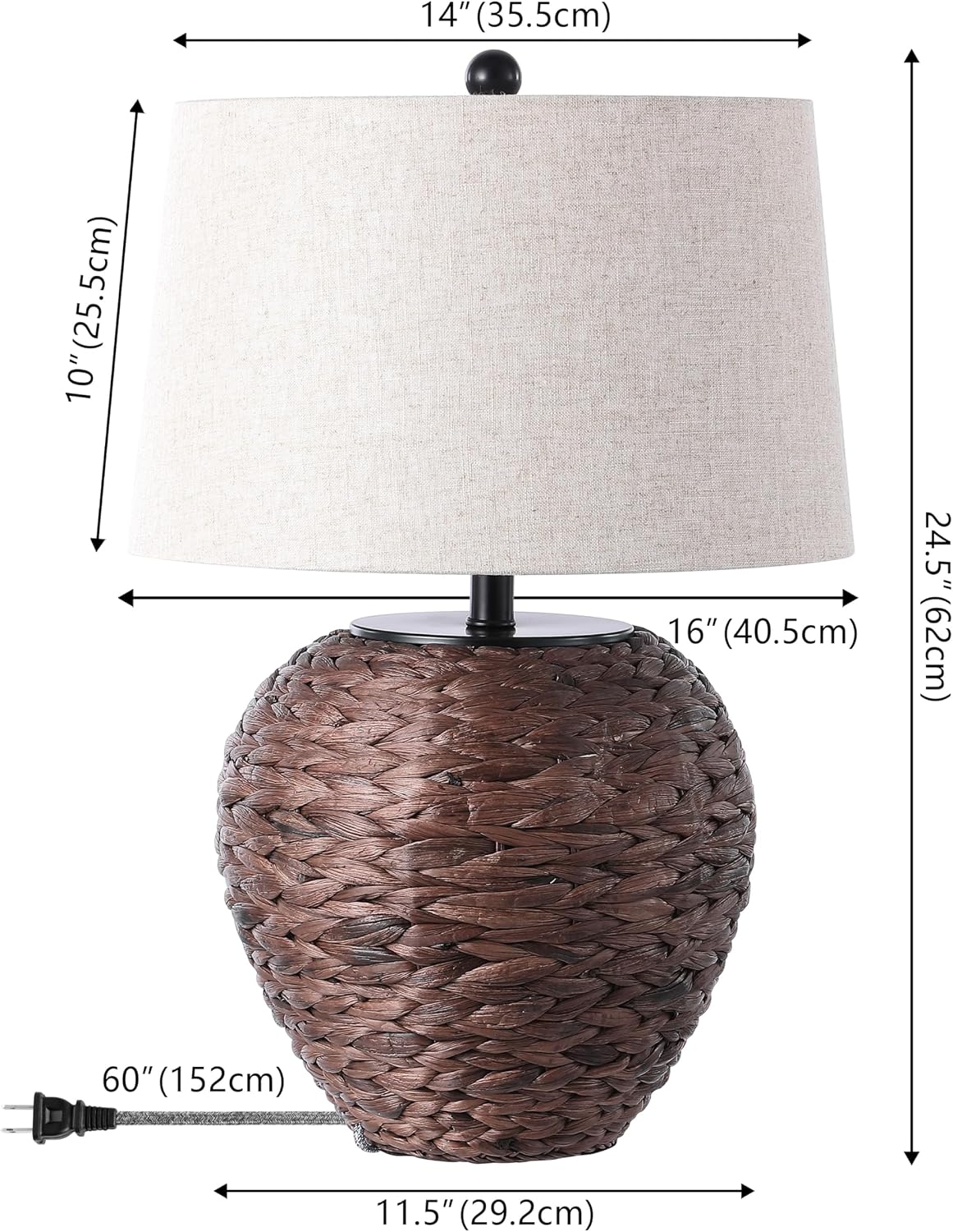 JONATHAN Y Alaro Table Lamp Woven Water Hyacinth Basket 24.5", Dark Brown