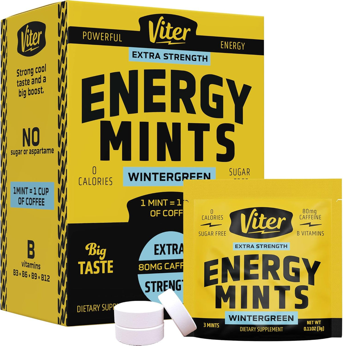 Viter Energy Extra Strength Caffeine Mints 80mg, Wintergreen, 30 Sachets
