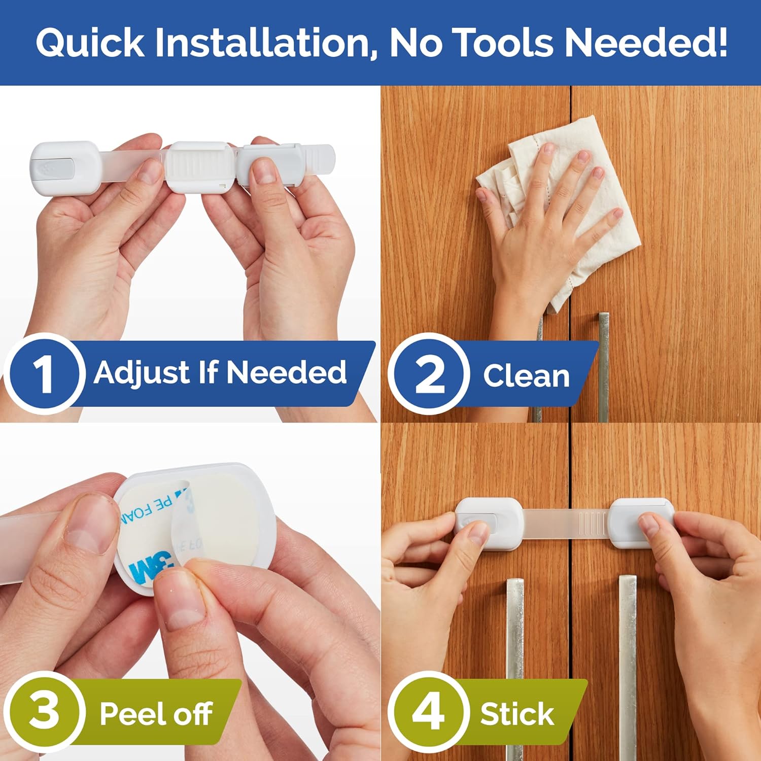 Child Safety Strap Locks (6 Pack) Baby Locks for Cabinets and Drawers, Toilet, Fridge & More. 3M Adhesive Pads. Easy Installation, No Drilling Required, White/Gray