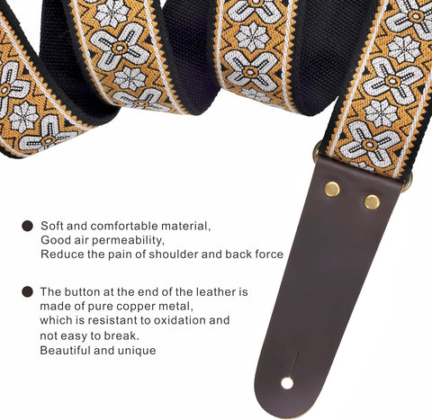 Nefelibata Guitar Strap, Embroidered Cotton Guitar Straps with Head Cowhide Leather Ends for Bass, Electric & Acoustic Guitars, Free Strap Button, 1 Pair Strap Locks and 4 Guitar Picks