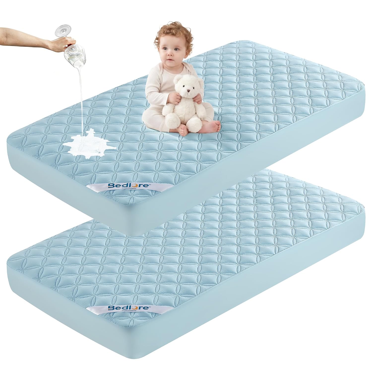 BEDLORE Baby Crib Mattress Protector 2-Pack Waterproof Blue 52"x28"