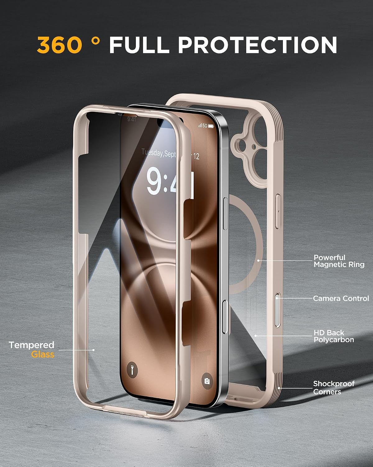Miracase Magnetic for iPhone 16 Plus Case Full-Body Phone with Built-in Glass Screen Protector, [Compatible with MagSafe] Military Drop Proof 16 Plus Cover Bumper, Desert